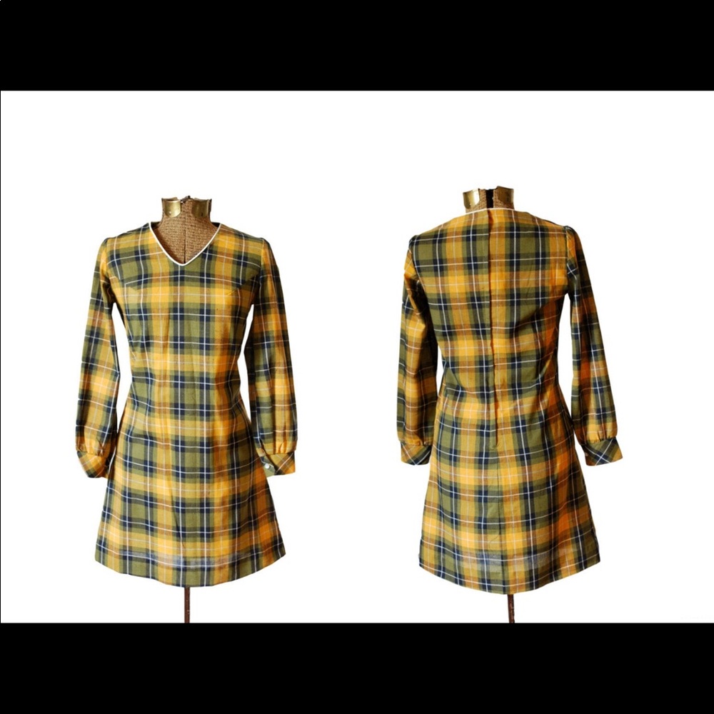 Vintage 1960s Sears Dress Green and Marigold Plaid Mini Dress Short Dress